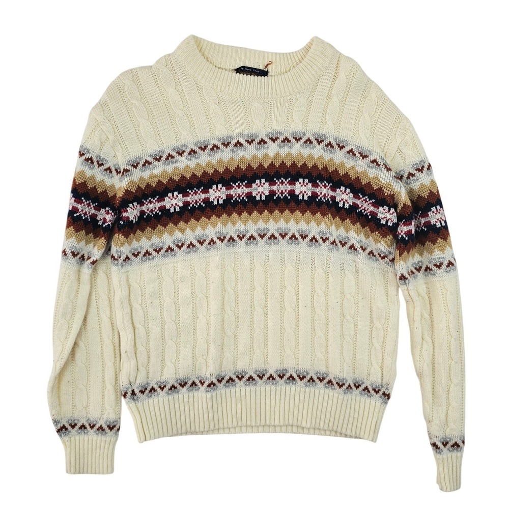 Vintage JCPenney Mens Fair Isle Cable Knit Sweater Cream Brown Geometric Size M